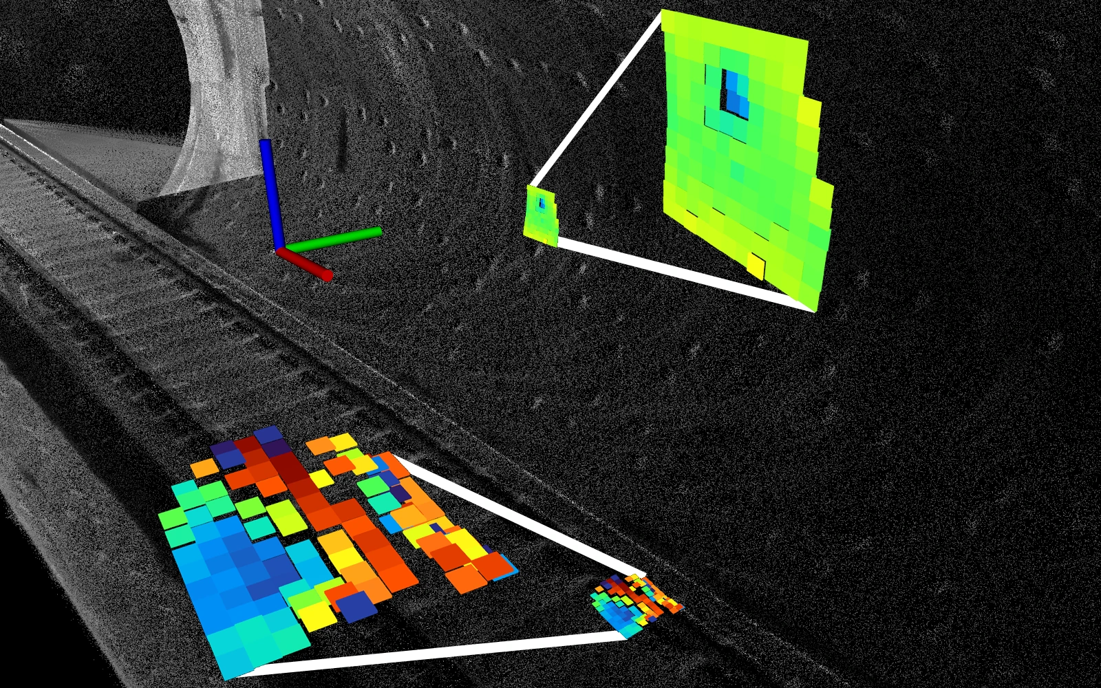 BIEVR-LIO tunnel map with enlarged colored height images of wall recesses and the rail bed.