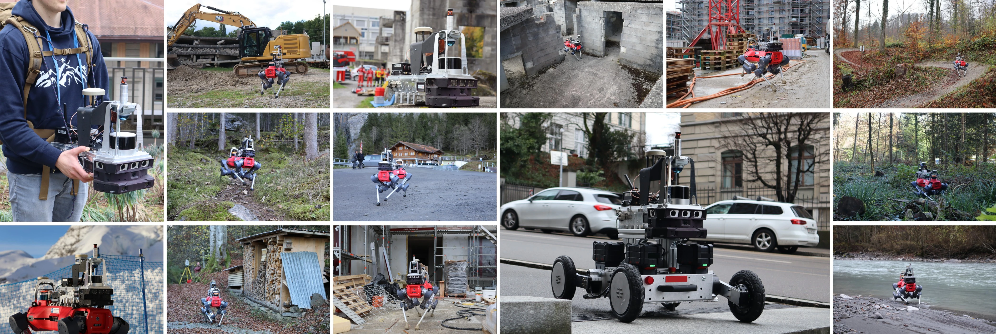 Boxi payload and a montage of field deployments on legged and wheeled robotic platforms.