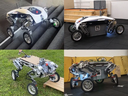 Four photographs of the LEVA logistics robot on stairs, uneven paving and grass.